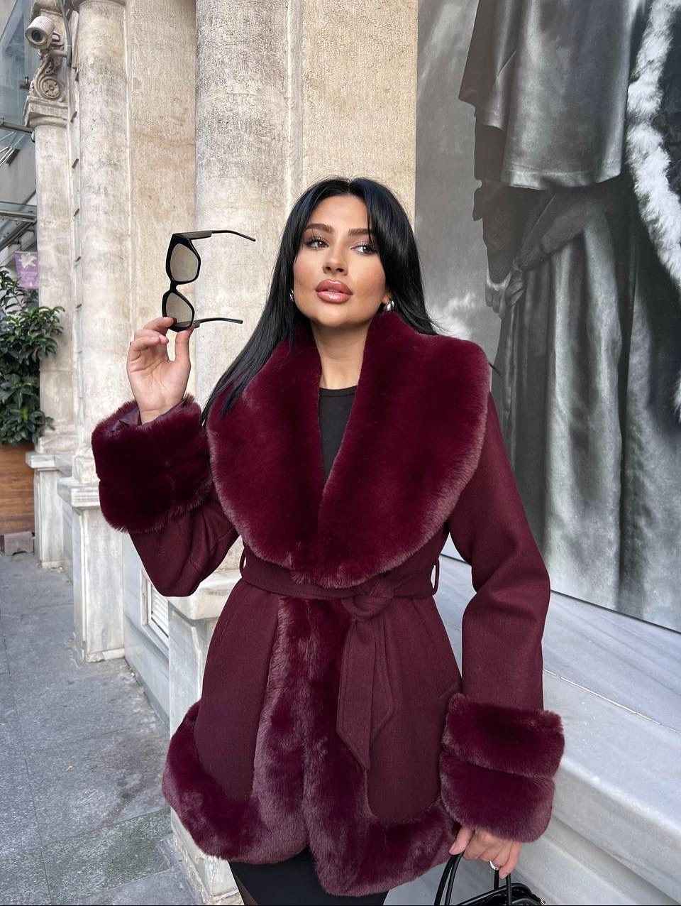 Burgundy coat with plush trim and black base