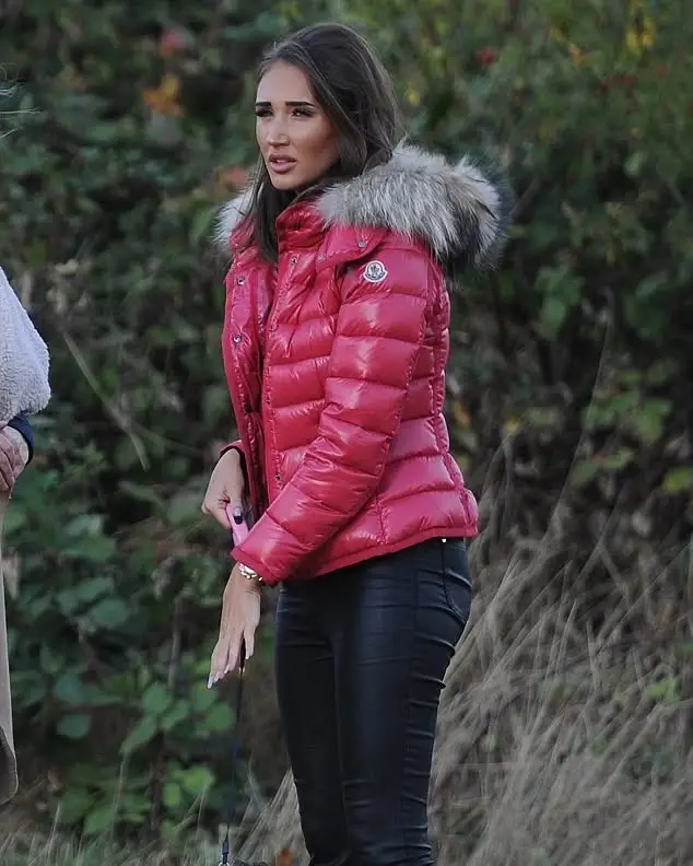 Red pink glossy puffer with gray fur-like hood trim