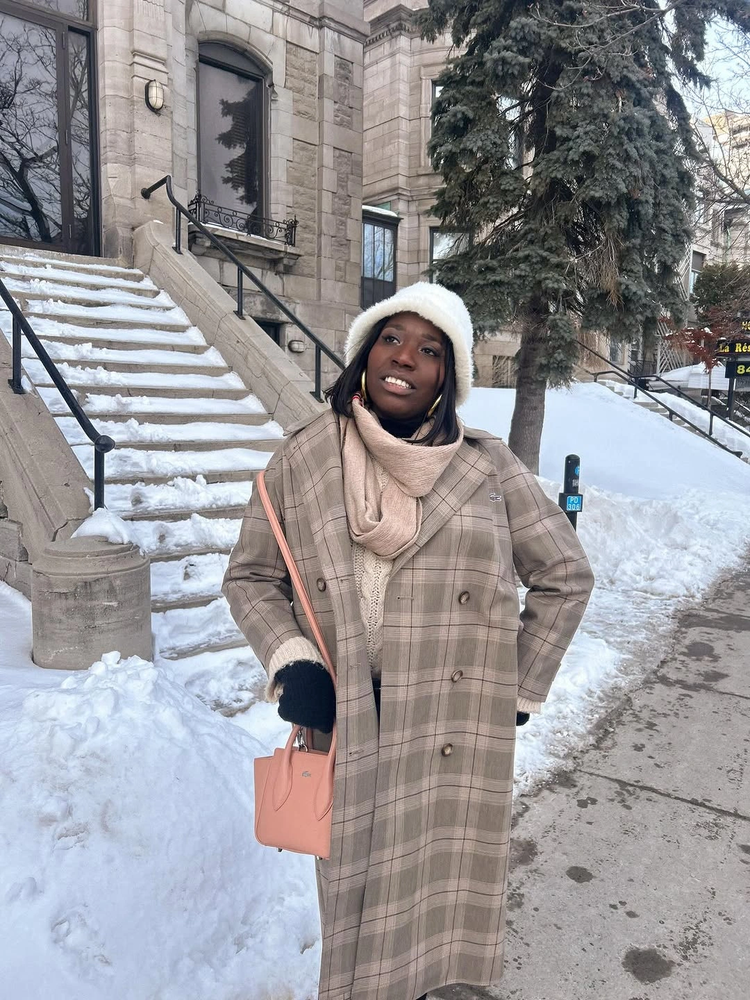 Plaid long coat with cream scarf and white beanie