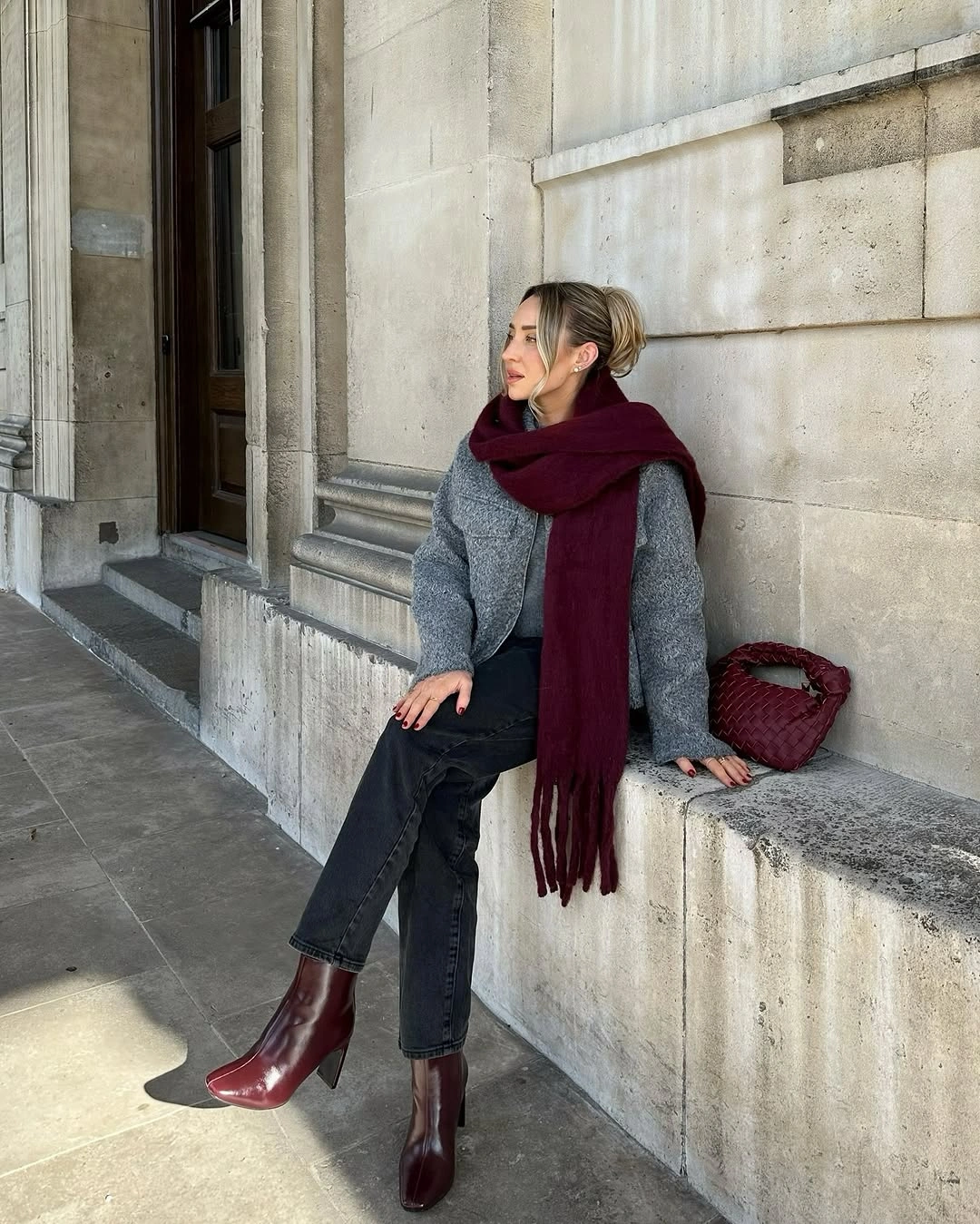 Gray jacket dark jeans burgundy scarf and ankle boots