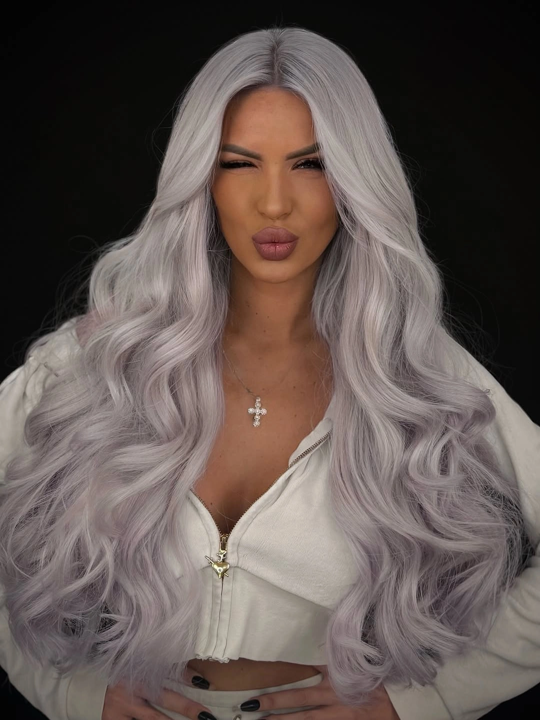 Long silver lavender hair with voluminous loose waves