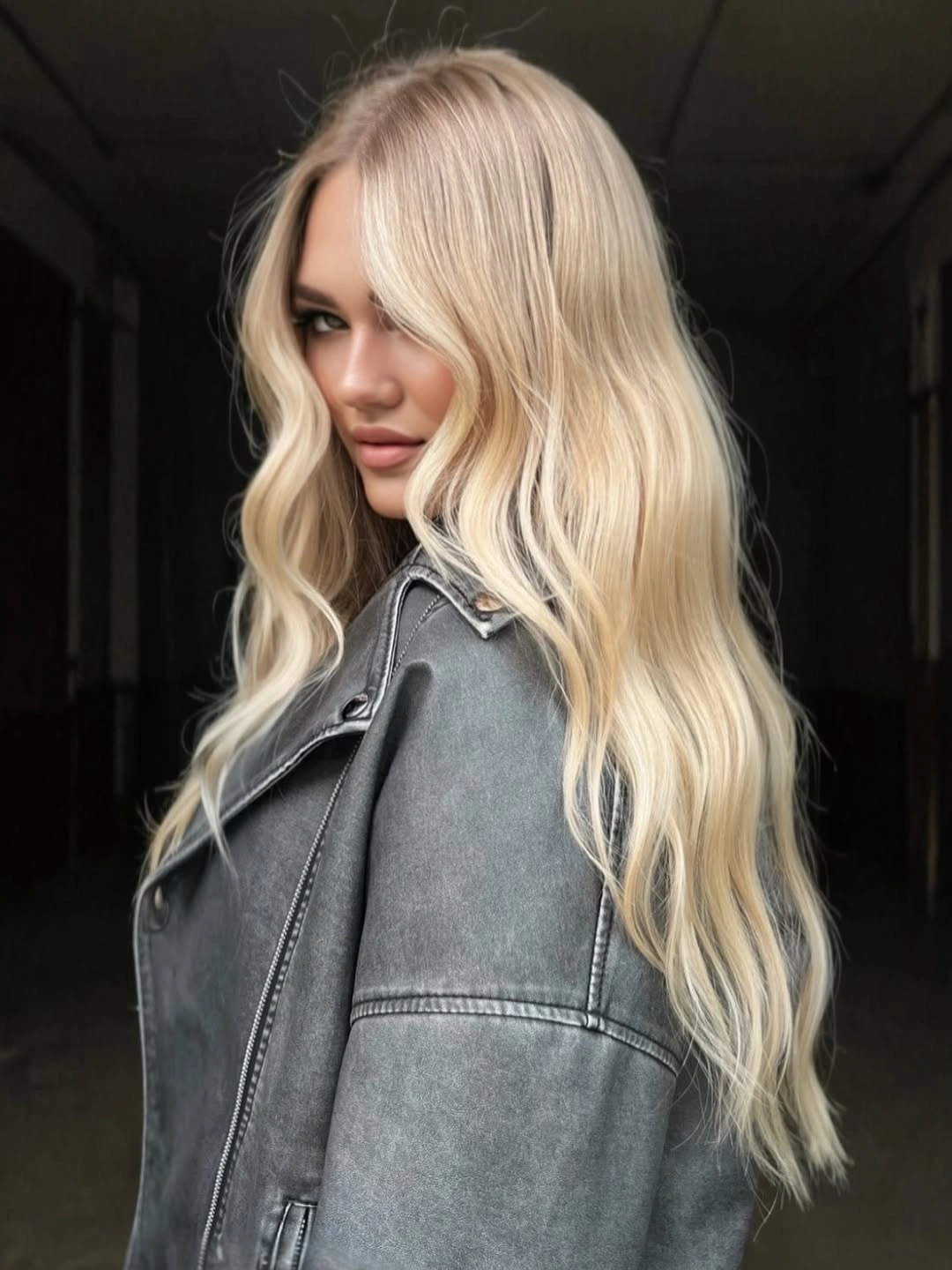 Long wavy blonde with creamy framing and golden-beige interior