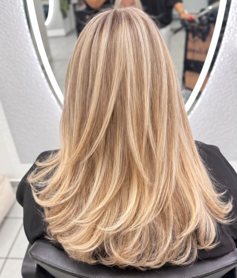 Long layered beige blonde with fine golden strands and bright ends