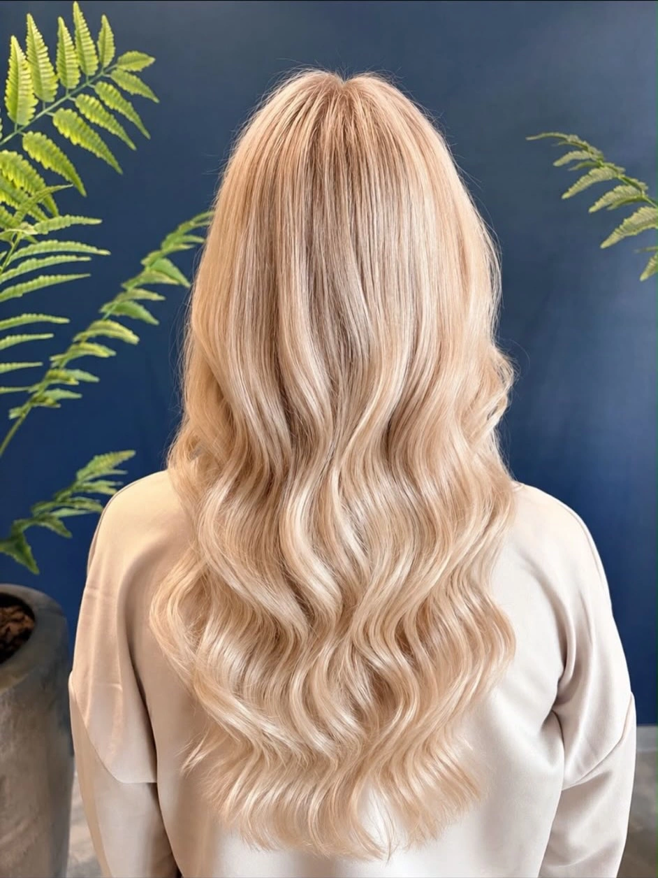 Long wavy champagne blonde with a subtly deeper crown