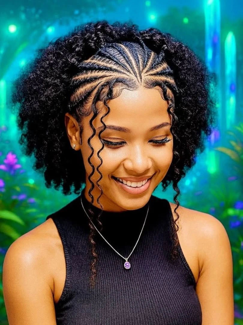Short red curly top with faded sides and shaved diagonal lines