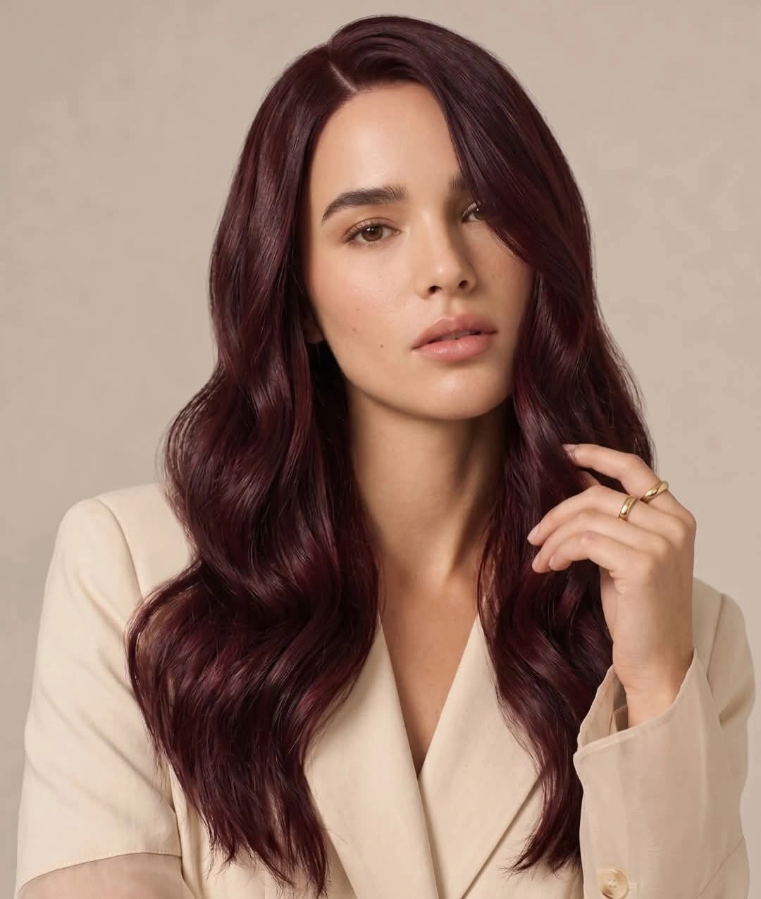 Long glossy wine-colored waves with side part