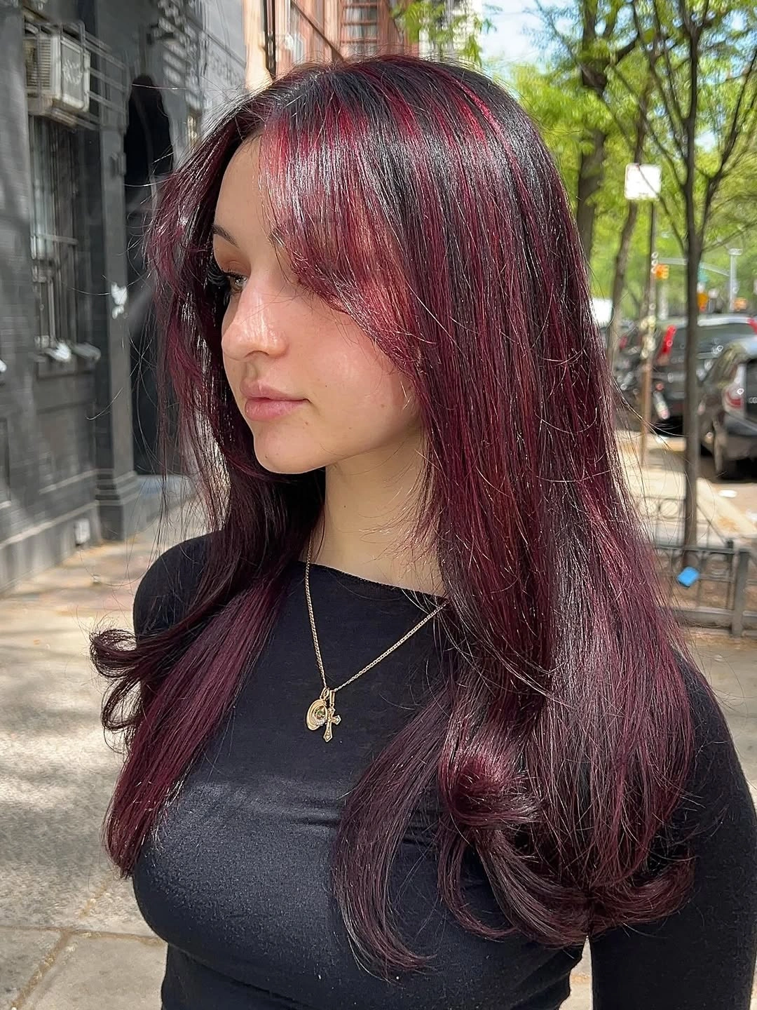 Long burgundy hair with brighter berry-red front pieces