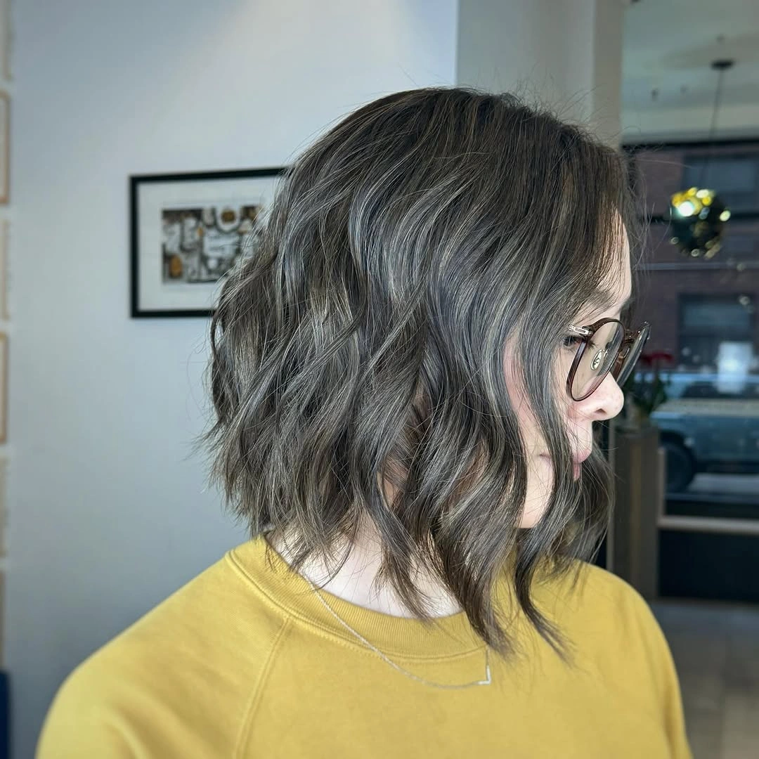 Wavy smoky ash-brown bob with side view and yellow top