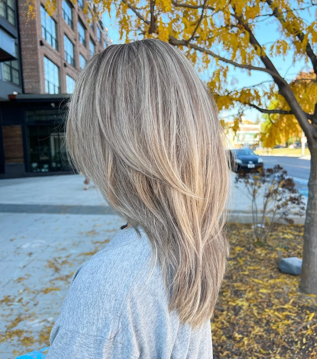 Shoulder-blade blonde hair with long layers and tapered lower outline