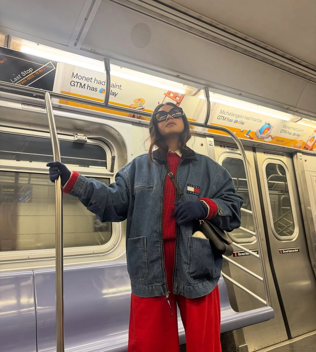 Faded blue oversized jacket over bright red subway outfit