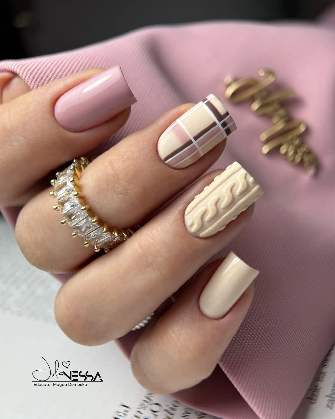 Square pink and cream nails with plaid and raised texture