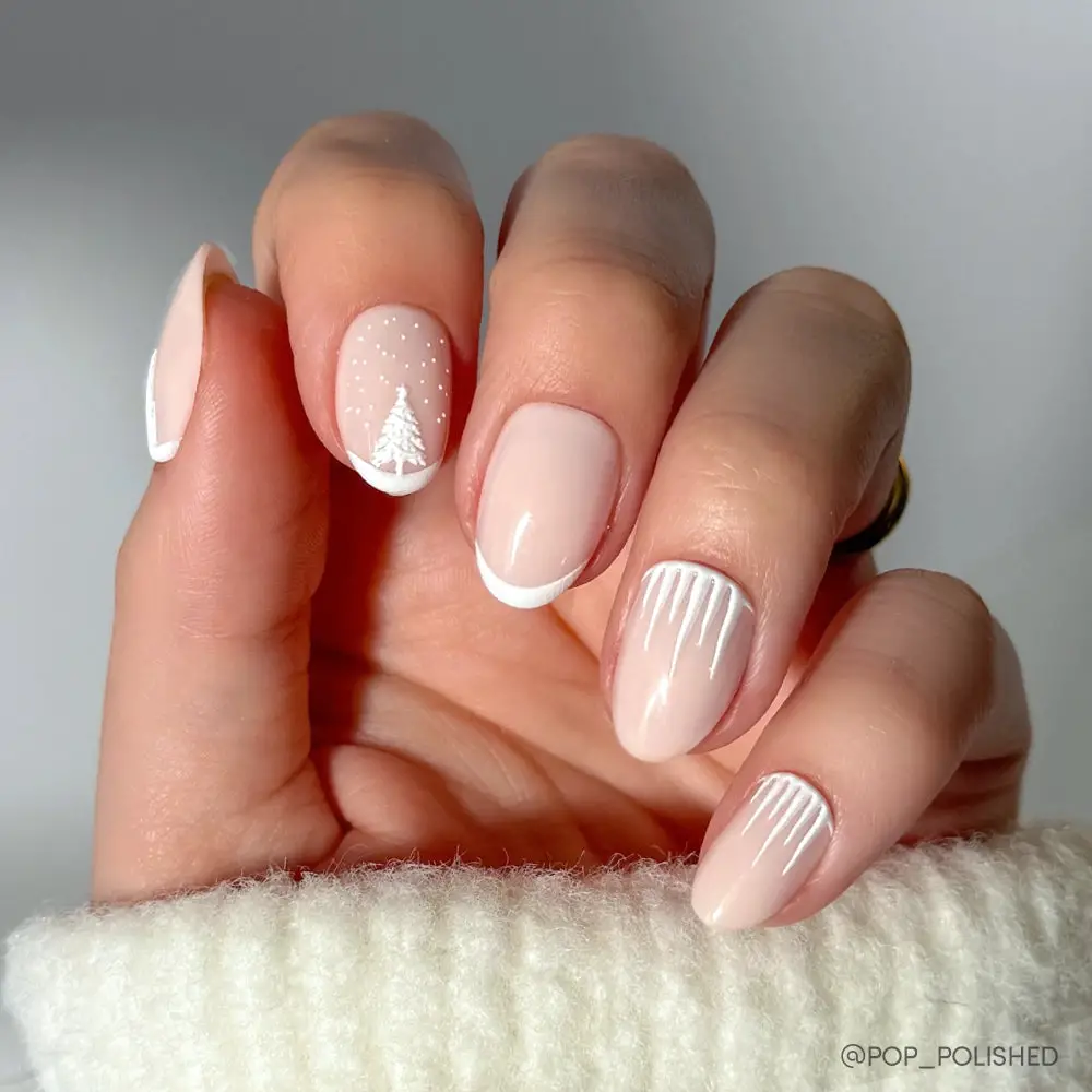 Nude French Tips with Tiny Christmas Tree — Winter Round Nails