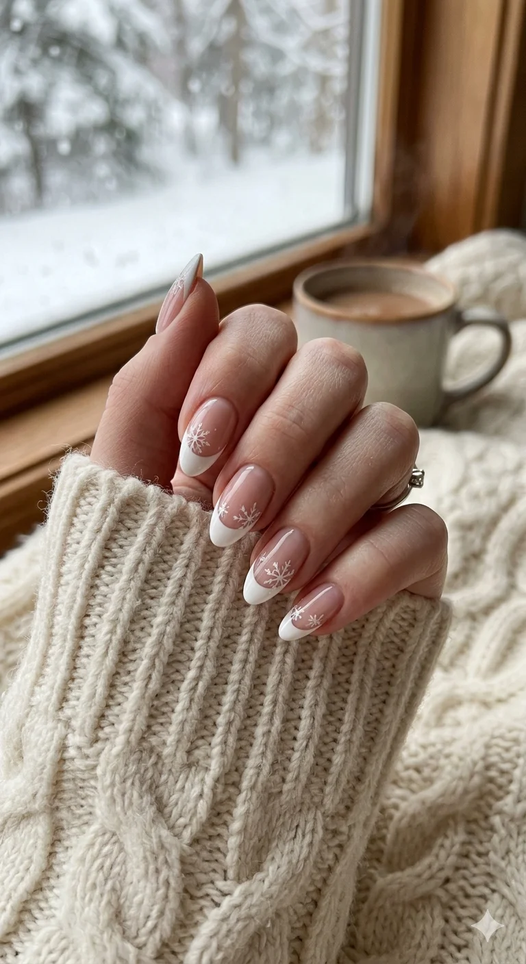 White Snowflake Decals On Accent Nails Visual Idea — Winter Round Nails