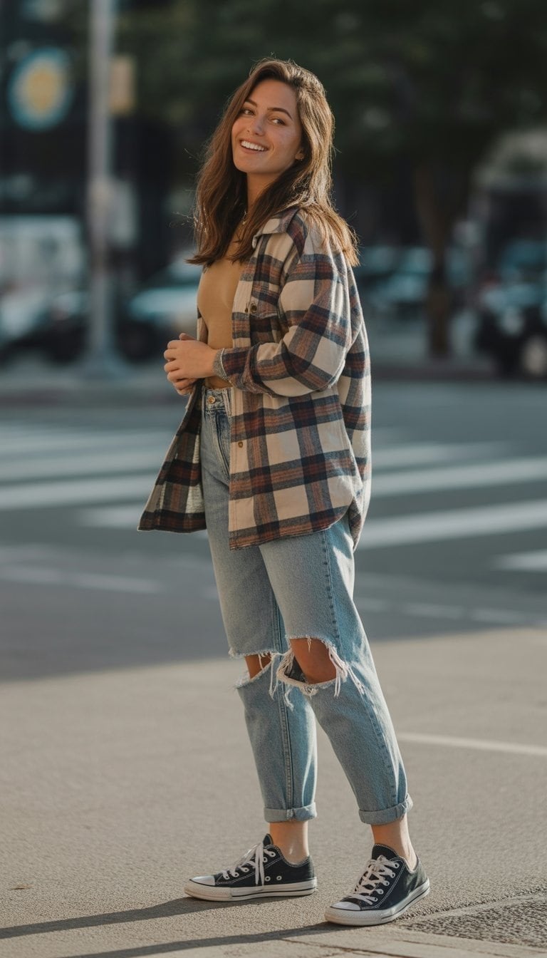 Plaid Flannel and Distressed Jeans for a Casual Vibe Plaid Flannel and Distressed Jeans for a Casual Vibe — 90s Party Outfit Inspiration