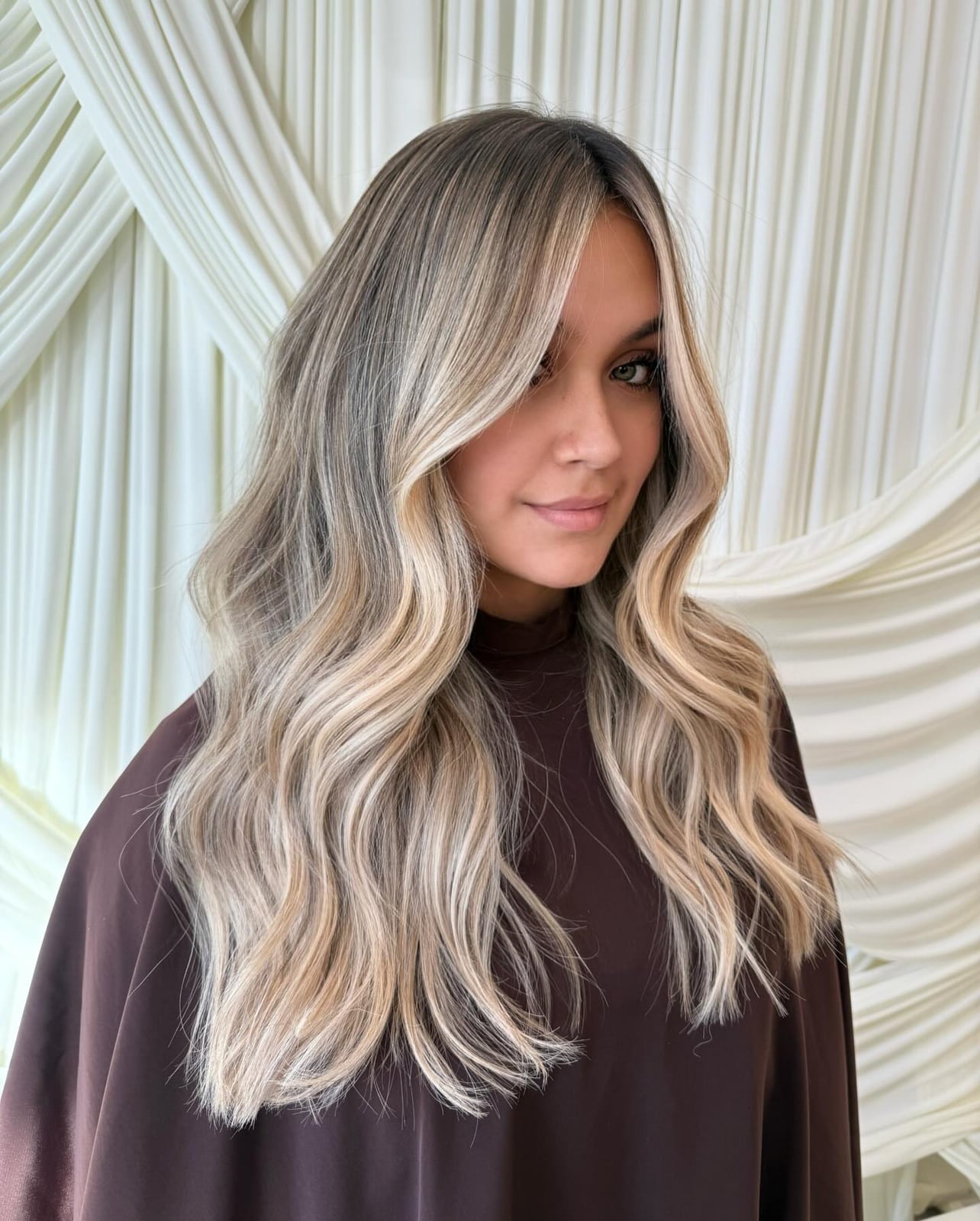 Mid-Back Layers With Curtain Bangs And Balayage Mid-Back Layers With Curtain Bangs And Balayage — Aesthetic Dark Blonde Hair