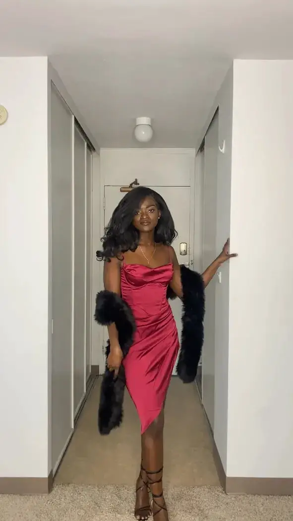 Vibrant Red Satin Slip Dress with Faux Fur Stole Vibrant Red Satin Slip Dress with Faux Fur Stole — Aesthetic Dinner Dress