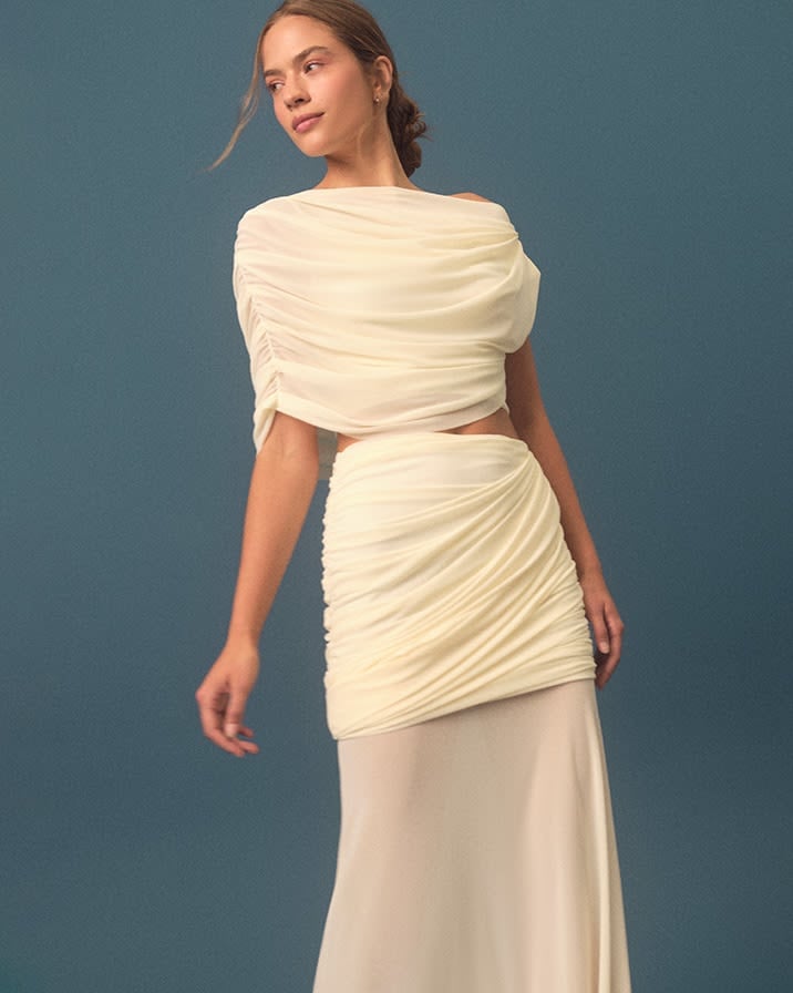 Ivory Draped Chiffon Top with Ruched Skirt Ivory Draped Chiffon Top with Ruched Skirt — Aesthetic Dinner Dress