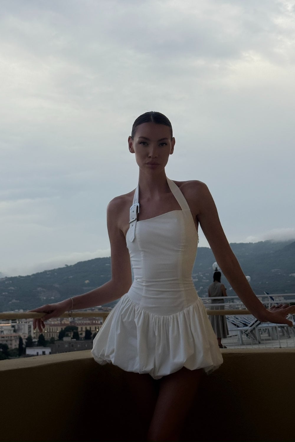 White Halter Neck Mini Dress with Bubble Hem White Halter Neck Mini Dress with Bubble Hem — Aesthetic Dinner Dress