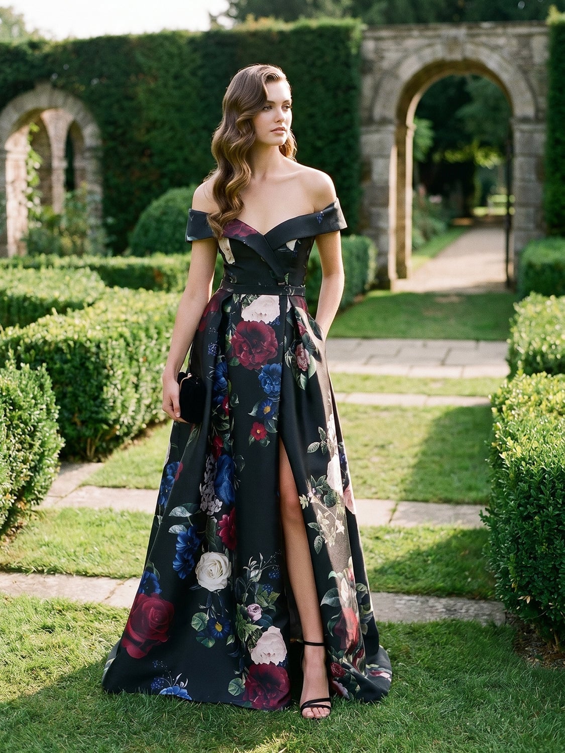 Black Satin Floral Print Gown with High Slit Black Satin Floral Print Gown with High Slit — Aesthetic Dinner Dress