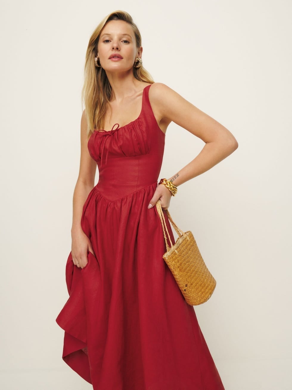 Red Linen Dress with Ruched Bust Detail Red Linen Dress with Ruched Bust Detail — Aesthetic Dinner Dress