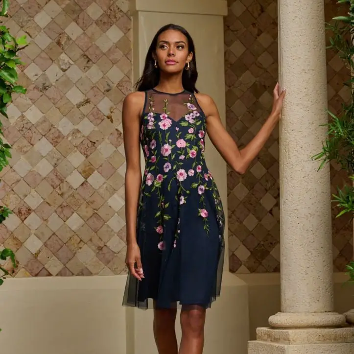 Navy Fit-And-Flare Dress with Floral Embroidery Navy Fit-And-Flare Dress with Floral Embroidery — Aesthetic Dinner Dress