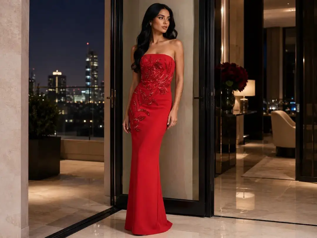Strapless Red Gown with Beaded Embellishment Strapless Red Gown with Beaded Embellishment — Aesthetic Dinner Dress
