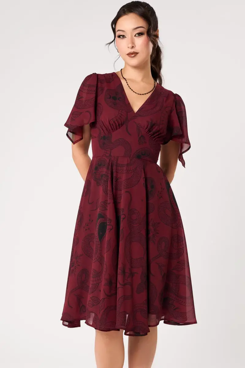 Burgundy Midi Dress with Snake Print Burgundy Midi Dress with Snake Print — Aesthetic Dinner Dress