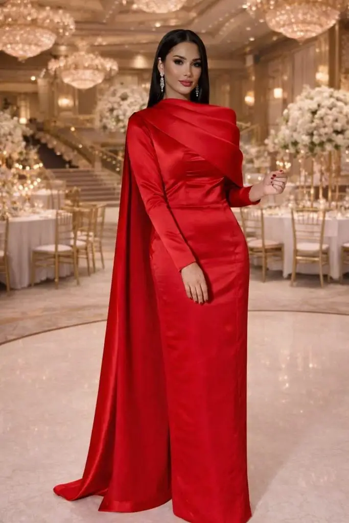 Red Satin Column Dress with Dramatic Cape Red Satin Column Dress with Dramatic Cape — Aesthetic Dinner Dress