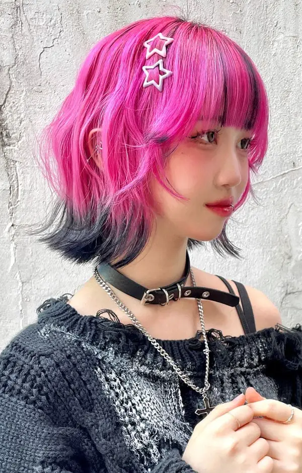 Edgy Hot Pink Bob With Black Roots Edgy Hot Pink Bob With Black Roots — Aesthetic Dye Hair