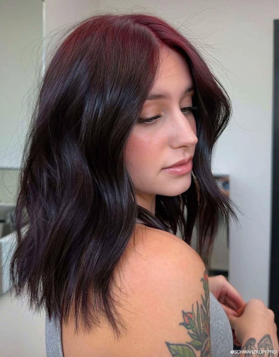 Dark Brown Lob With Burgundy Overlay Dark Brown Lob With Burgundy Overlay — Aesthetic Dye Hair