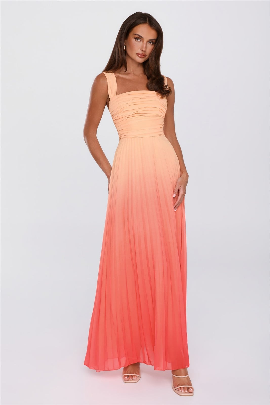 Ombre Pleated Maxi Dress with Square Neckline — Aesthetic Gowns Dresses