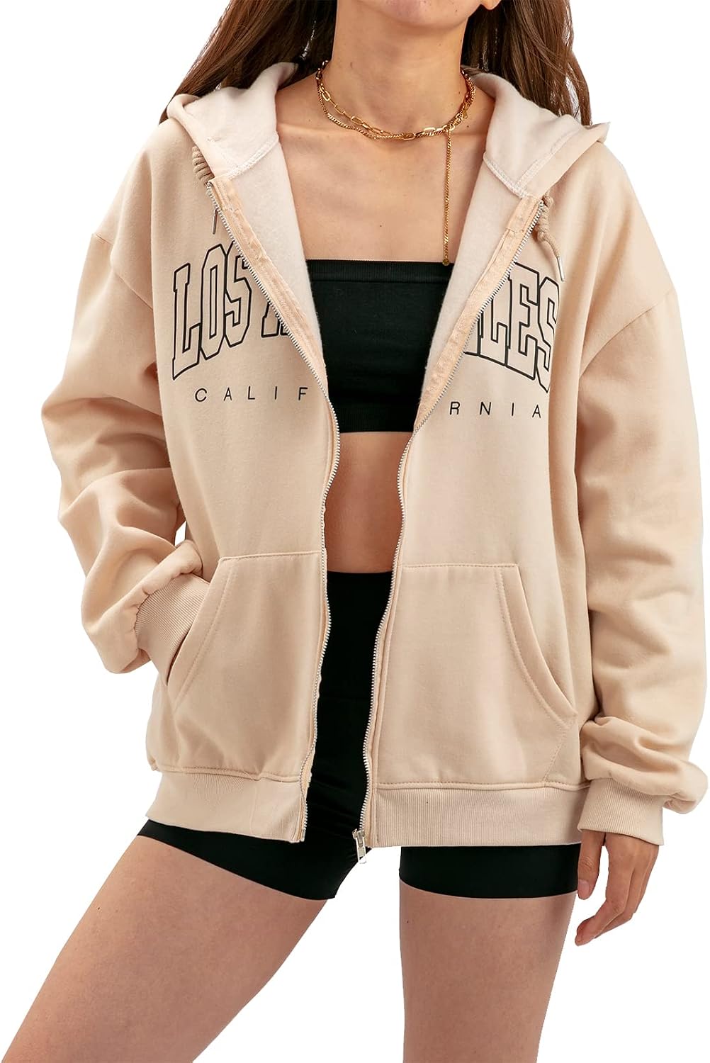 Beige Oversized Zip-Up Hoodie With 'Los Angeles' Graphic Beige Oversized Zip-Up Hoodie With 'Los Angeles' Graphic — Aesthetic Hoodie Outfits Women