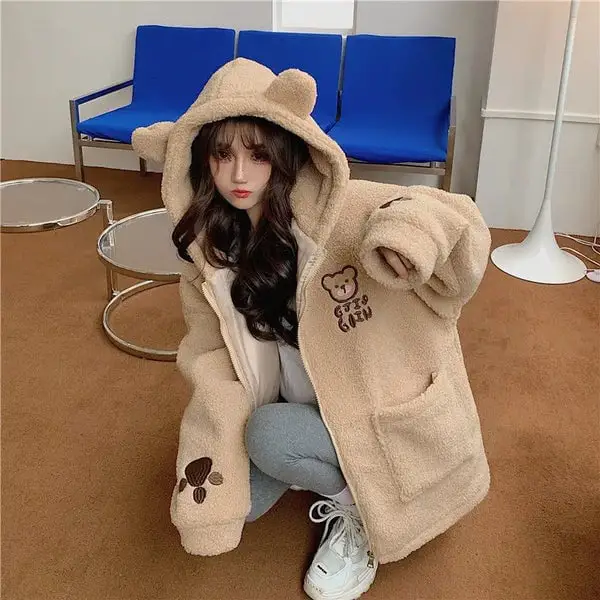 Beige Teddy Fleece Hoodie With Bear Ears and Leggings Beige Teddy Fleece Hoodie With Bear Ears and Leggings — Aesthetic Hoodie Outfits Women