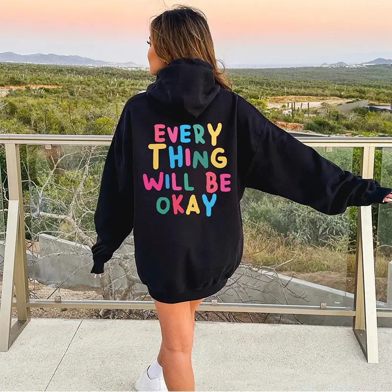 Black Oversized Hoodie With Colorful Positive Graphic Text Black Oversized Hoodie With Colorful Positive Graphic Text — Aesthetic Hoodie Outfits Women