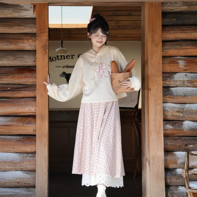 Cream Hoodie With Pink Floral Embroidery and Plaid Skirt Cream Hoodie With Pink Floral Embroidery and Plaid Skirt — Aesthetic Hoodie Outfits Women
