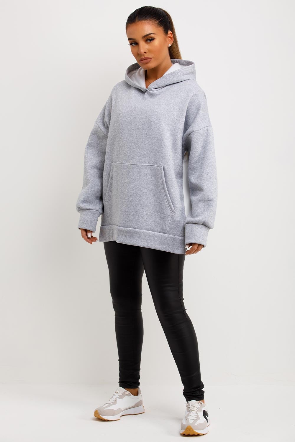 Gray Oversized Hoodie With Black Faux Leather Leggings Gray Oversized Hoodie With Black Faux Leather Leggings — Aesthetic Hoodie Outfits Women