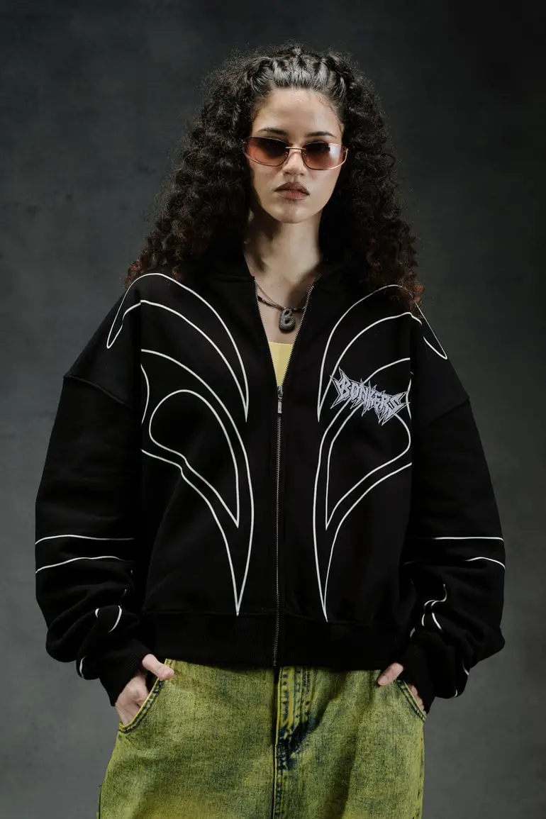 Black Zip-Up Hoodie With Graphic Design Over Yellow Tank Top and Acid Black Zip-Up Hoodie With Graphic Design Over Yellow Tank Top and Acid — Aesthetic Hoodie Outfits Women