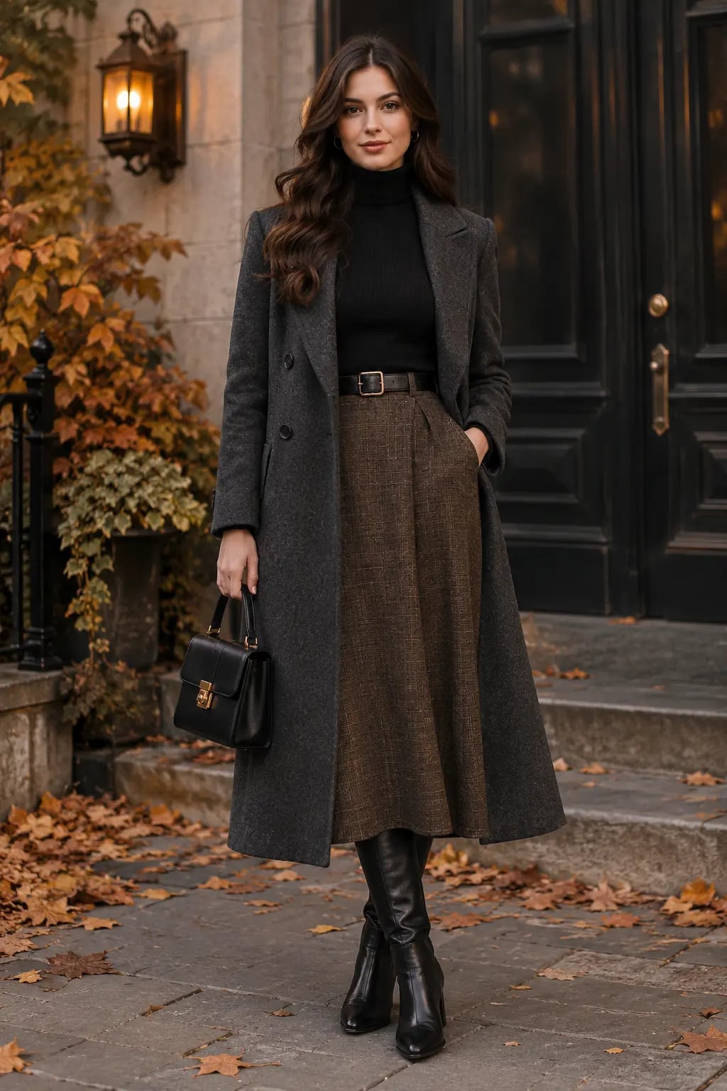 Tweed Midi Skirt with a Wool Coat and Turtleneck, Close-Up Take Tweed Midi Skirt with a Wool Coat and Turtleneck, Close-Up Take — Aesthetic Long Skirt Outfits