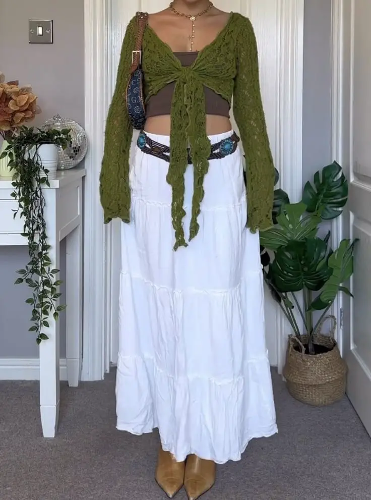 Brown Tiered Maxi Skirt with a White Tied-Button Shirt Brown Tiered Maxi Skirt with a White Tied-Button Shirt — Aesthetic Long Skirt Outfits