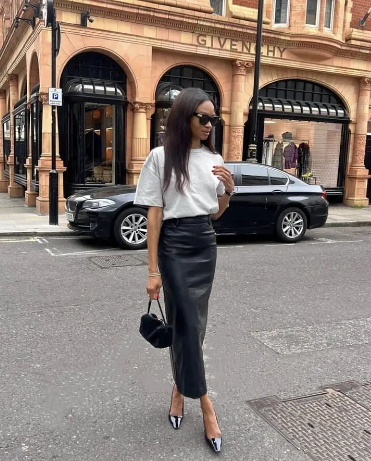 Black Leather Pencil Skirt with a Gray T-Shirt Black Leather Pencil Skirt with a Gray T-Shirt — Aesthetic Long Skirt Outfits