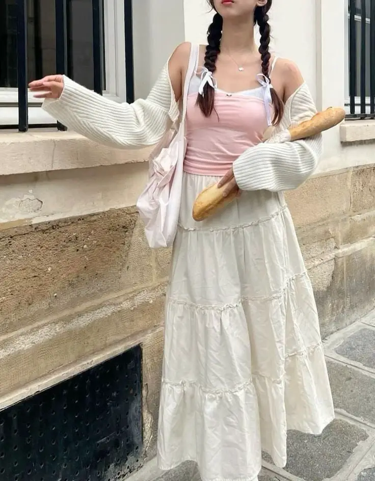 Cream Tiered Maxi Skirt with a Pink Camisole and White, Close-Up Take Cream Tiered Maxi Skirt with a Pink Camisole and White, Close-Up Take — Aesthetic Long Skirt Outfits