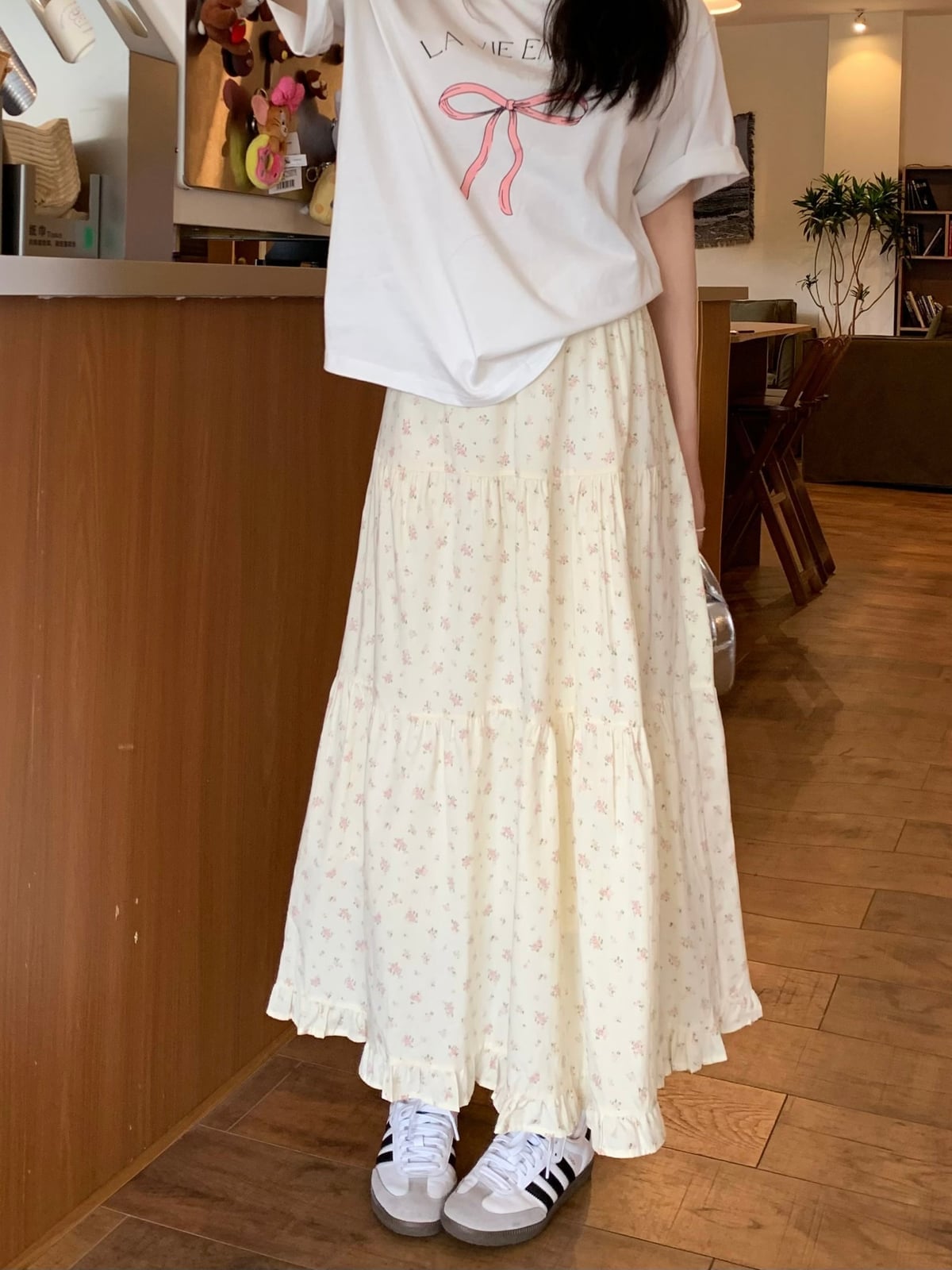 Cream Tiered Floral Maxi Skirt with a Graphic, Office-Safe Version Cream Tiered Floral Maxi Skirt with a Graphic, Office-Safe Version — Aesthetic Long Skirt Outfits