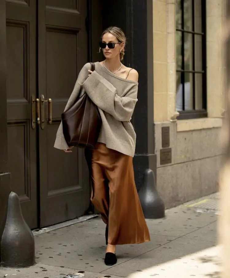 Brown Satin Slip Maxi Skirt with an Oversized Knit, Close-Up Take Brown Satin Slip Maxi Skirt with an Oversized Knit, Close-Up Take — Aesthetic Long Skirt Outfits