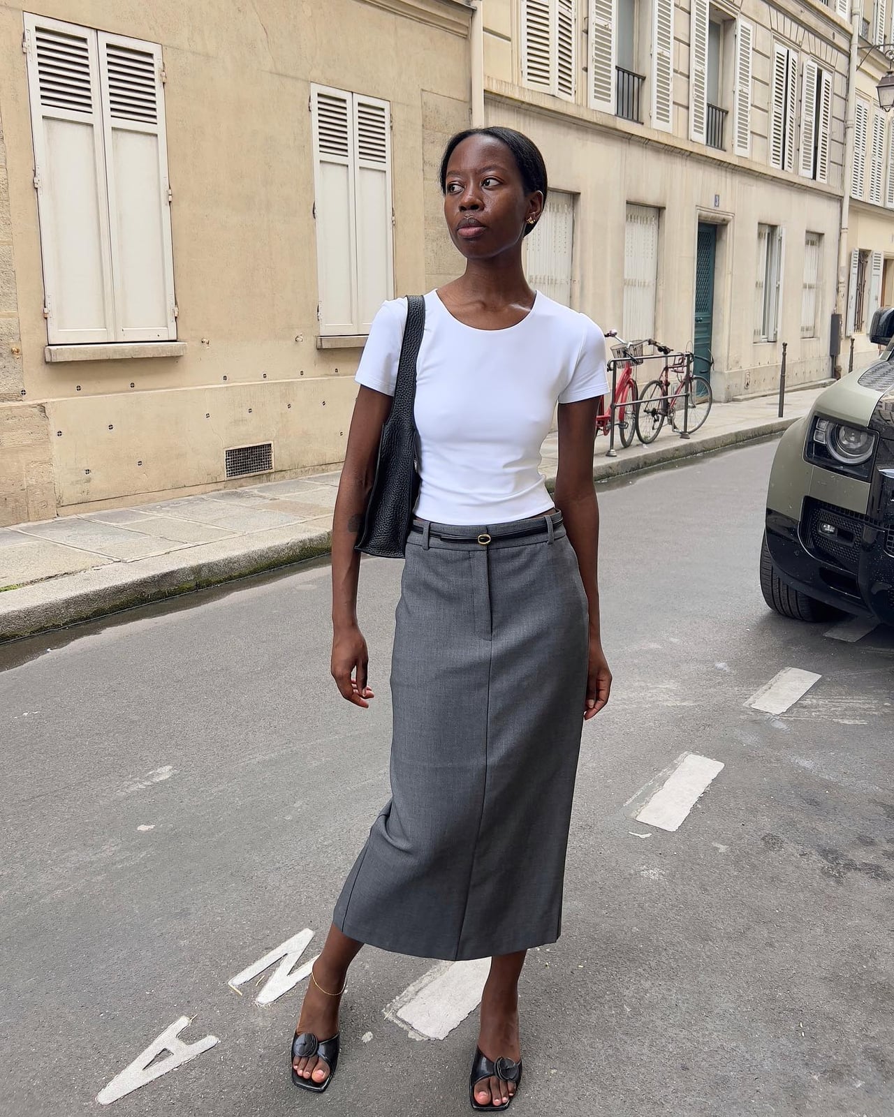 Long Gray Pencil Skirt with a Fitted White T-Shirt, Close-Up Take Long Gray Pencil Skirt with a Fitted White T-Shirt, Close-Up Take — Aesthetic Long Skirt Outfits