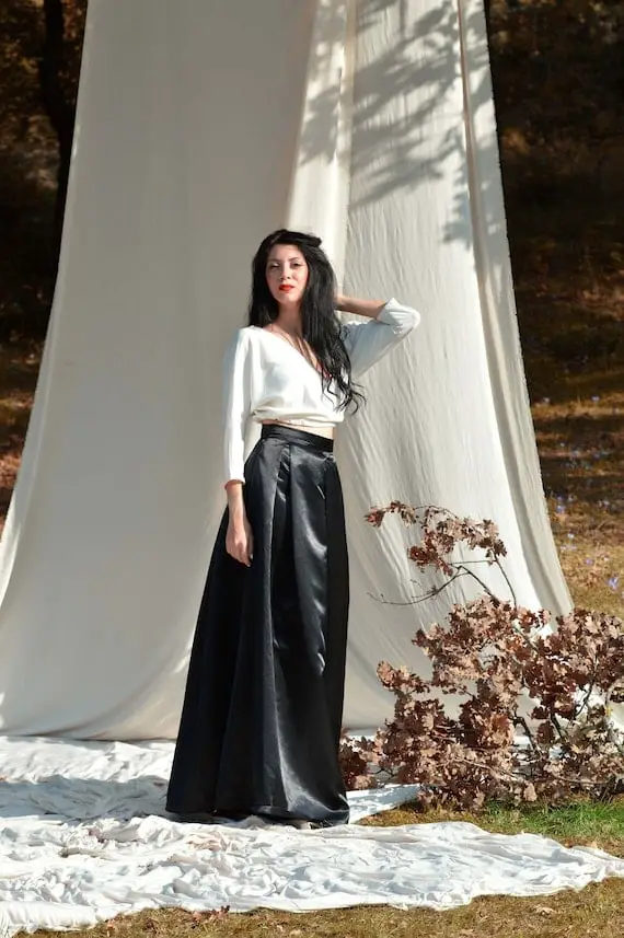 Black Satin Maxi Skirt with a White Long-Sleeve Top, Close-Up Take Black Satin Maxi Skirt with a White Long-Sleeve Top, Close-Up Take — Aesthetic Long Skirt Outfits