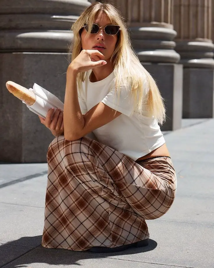 Brown Plaid Mesh Maxi Skirt with a White Cropped, Close-Up Take Brown Plaid Mesh Maxi Skirt with a White Cropped, Close-Up Take — Aesthetic Long Skirt Outfits
