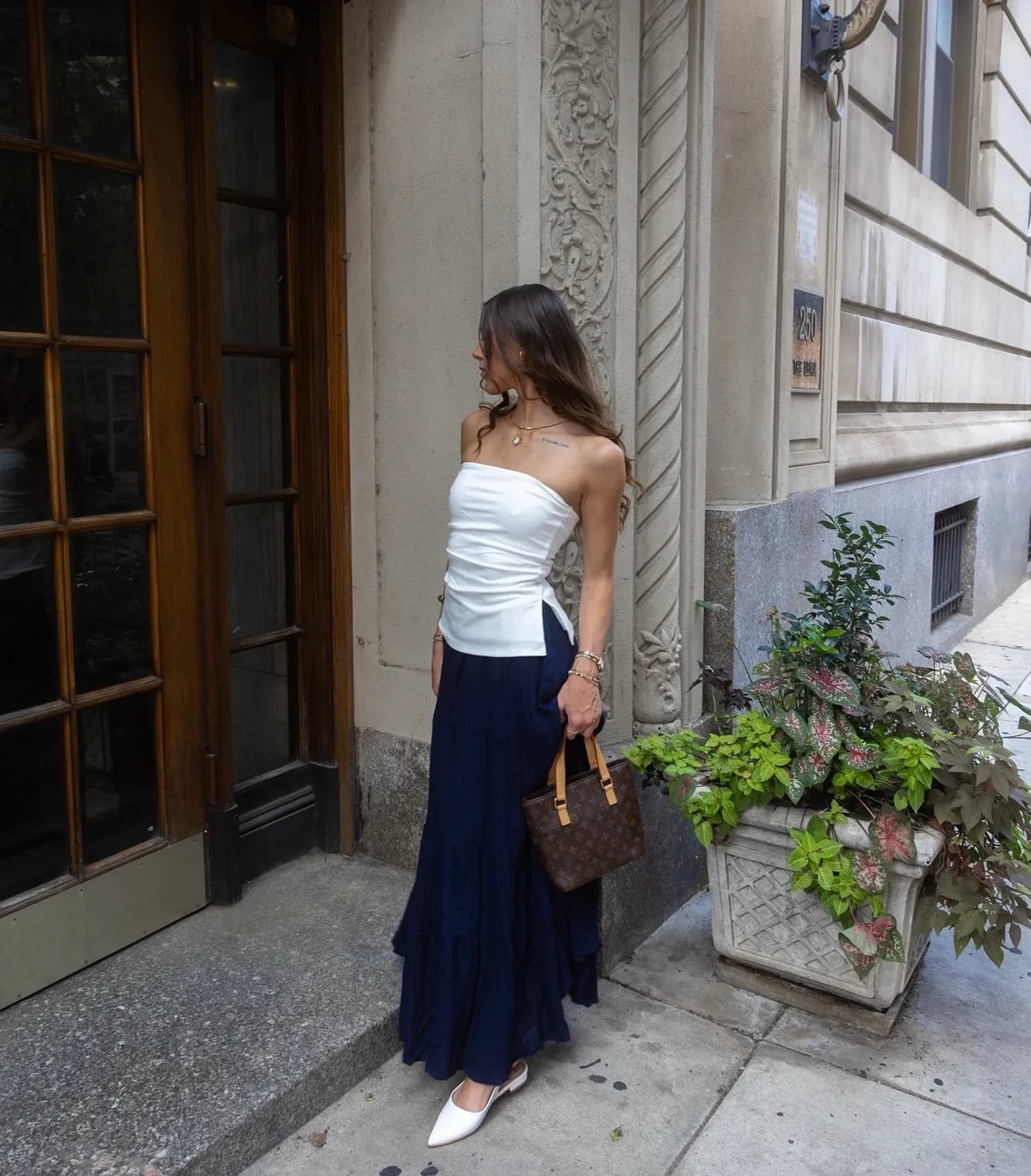 Navy Ruffled Maxi Skirt with a White Strapless Top Navy Ruffled Maxi Skirt with a White Strapless Top — Aesthetic Long Skirt Outfits