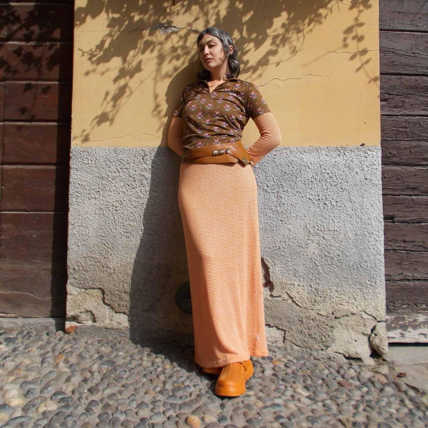 Orange Striped Maxi Skirt with a Floral Polo Shirt Orange Striped Maxi Skirt with a Floral Polo Shirt — Aesthetic Long Skirt Outfits
