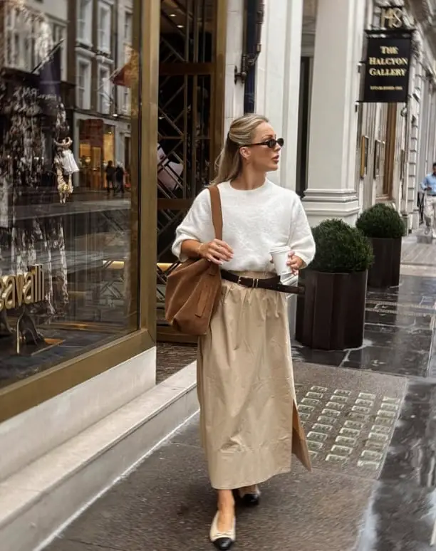 Beige Straight-Leg Maxi Skirt with a White Sweater, Close-Up Take Beige Straight-Leg Maxi Skirt with a White Sweater, Close-Up Take — Aesthetic Long Skirt Outfits