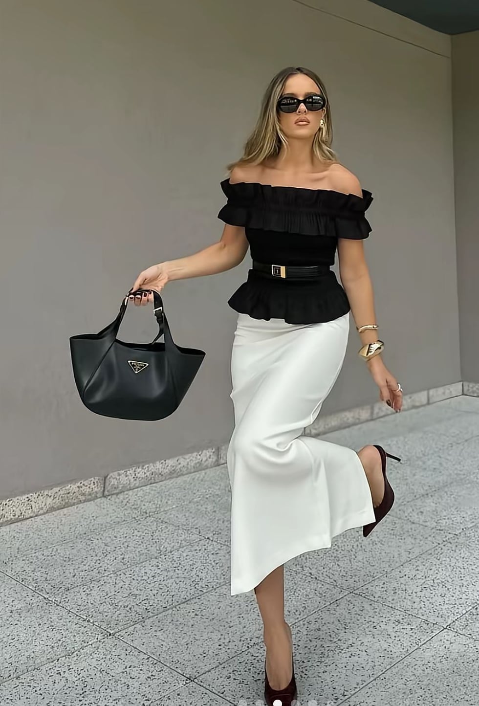 White Satin Maxi Skirt with a Ruffled Off-The-Shoulder Top White Satin Maxi Skirt with a Ruffled Off-The-Shoulder Top — Aesthetic Long Skirt Outfits
